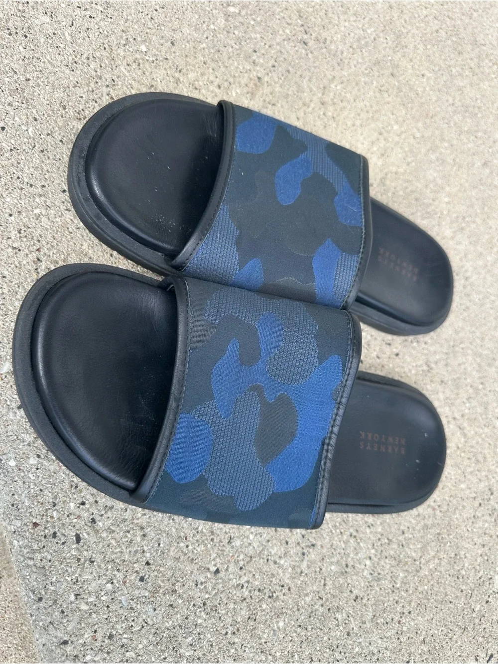 Barneys New York Black Slide Sandals with Blue Camo Strap